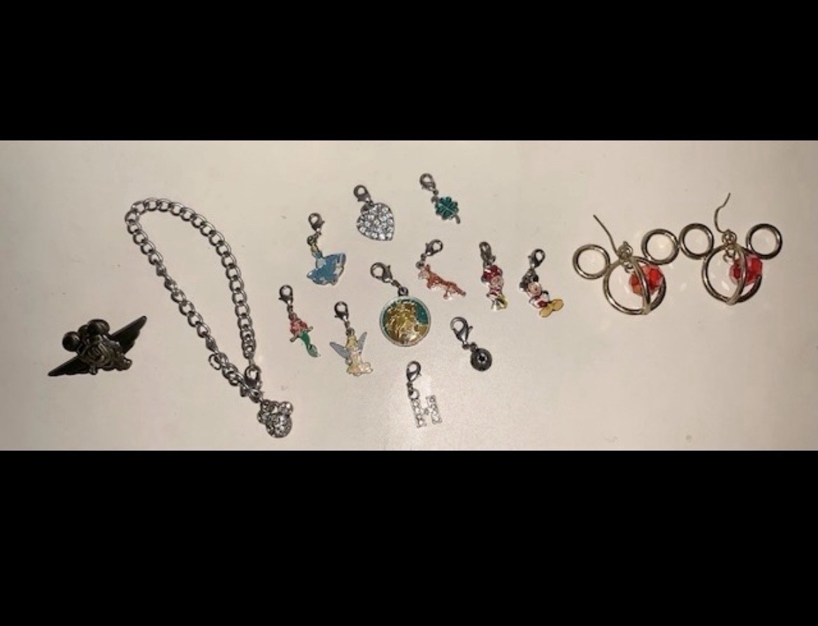 VTG  Disney Charm Bracelet, Charms, Trade Pin & Christmas Caged Earrings Jewelry