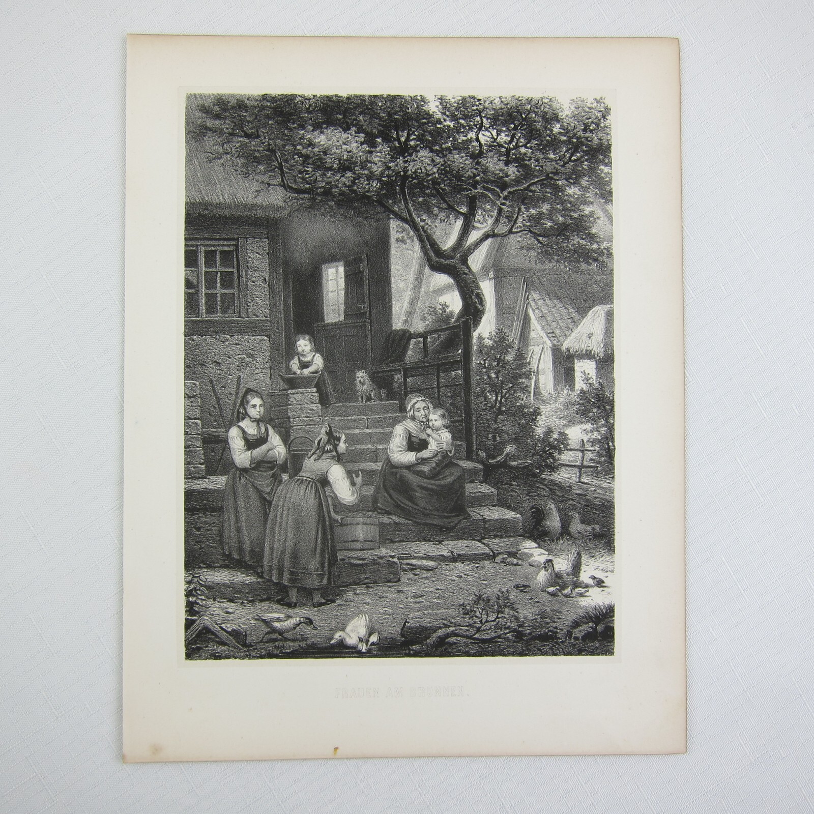 Antique 1800s Lithograph Women At The Well German RARE