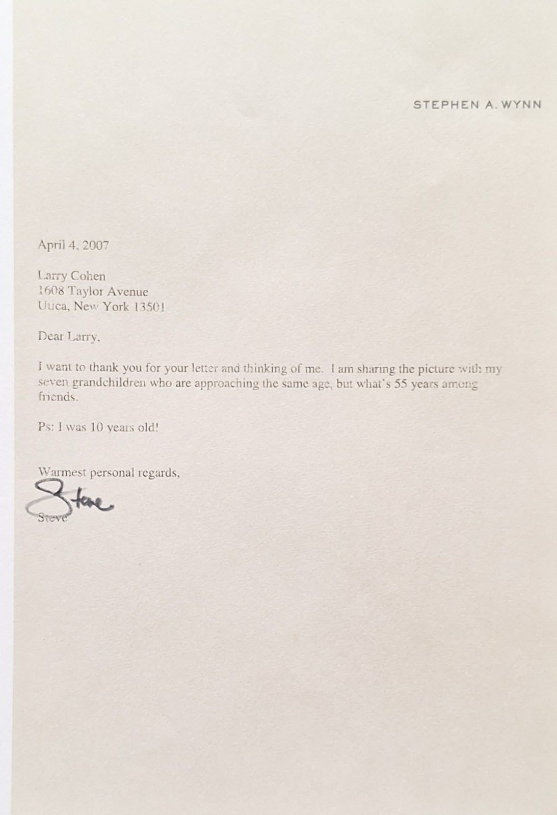 Framed personal letter, Steve Wynn,  Las Vegas Casino Developer with orig env.