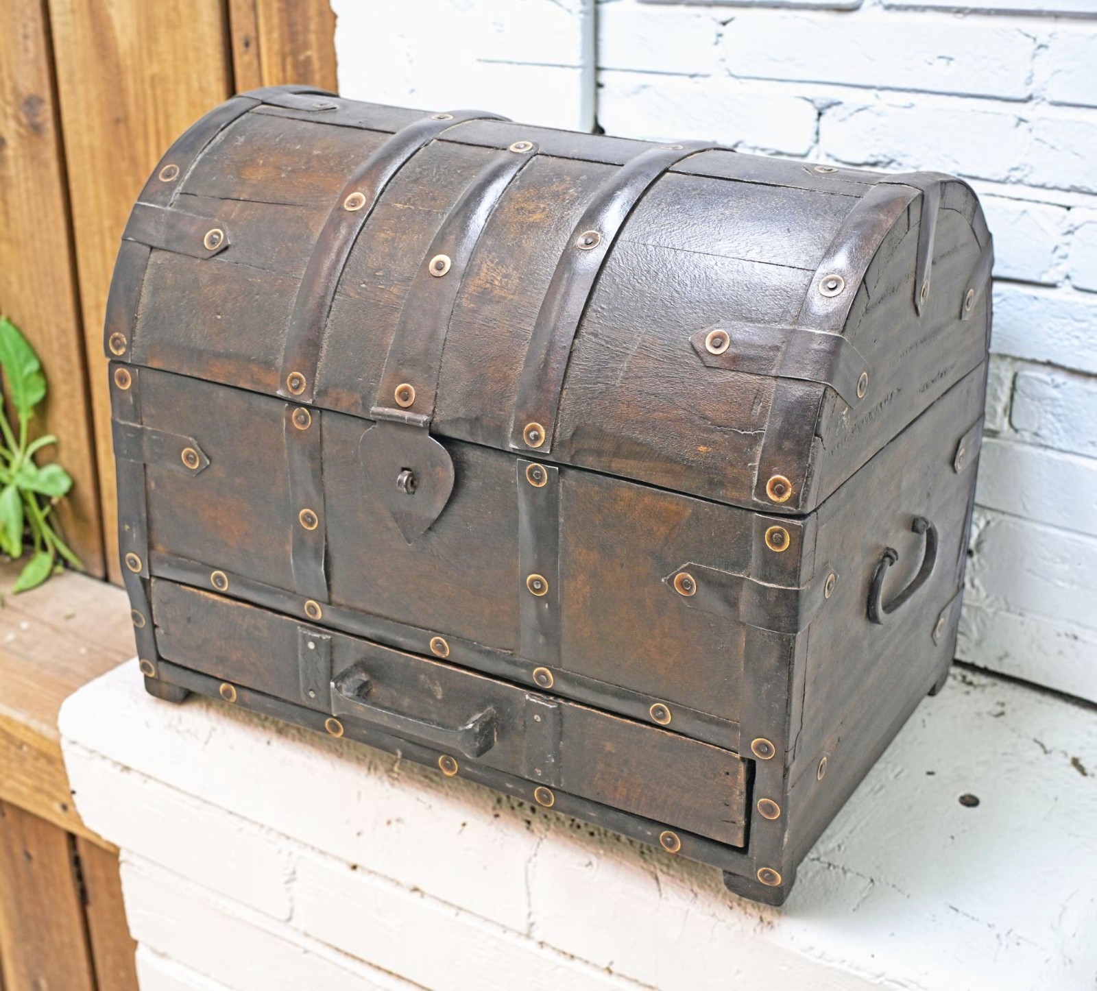 Vintage Wooden Large Size Half Round Storage Chest Box Original Old Metal Fitted