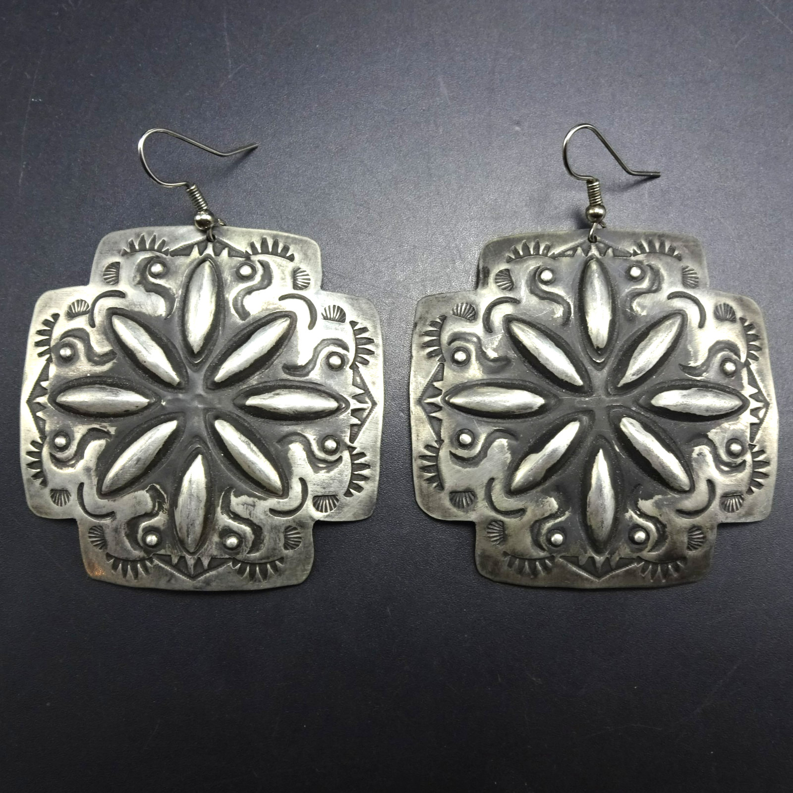 Huge LEANDER TAHE Navajo HAND-STAMPED and REPOUSSE Sterling Silver EARRINGS