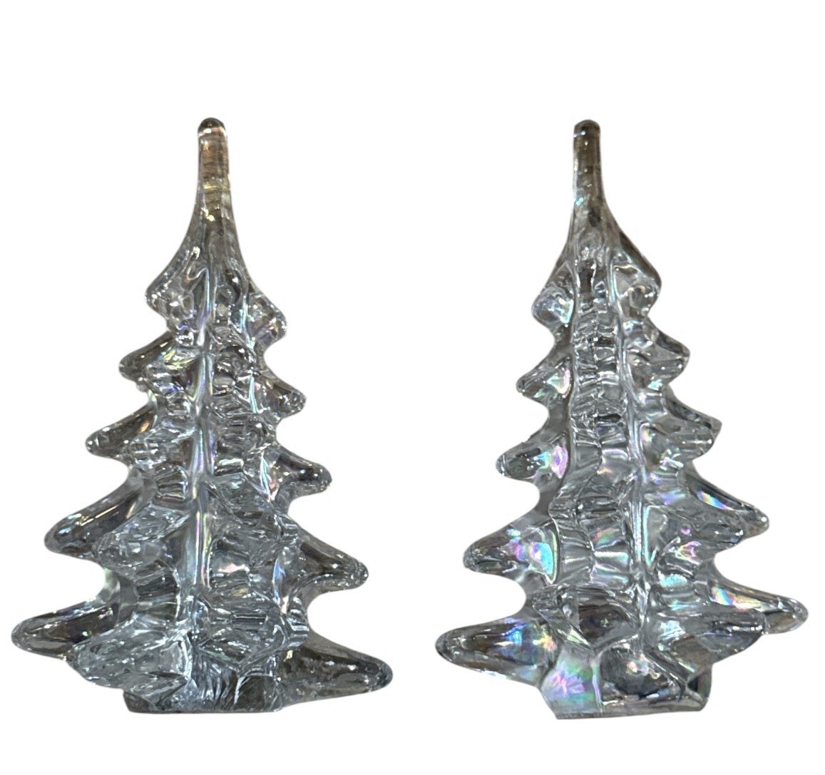 2 VTG Silvestri Clear Iridescent Crystal Art Glass Christmas Pine Tree 6.25”