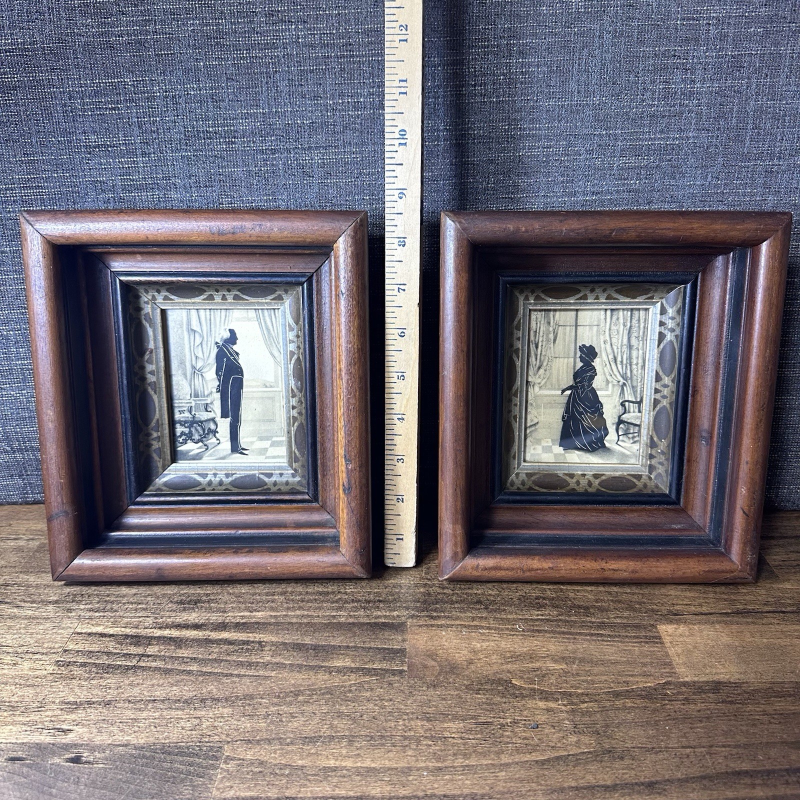 Antique Silhouette Portrait Pair Deep Wood Shadow Box Frames Victorian 2 pc