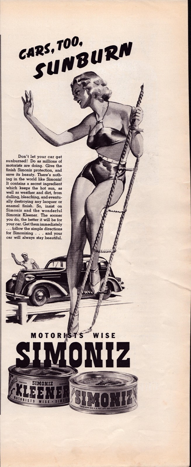 1937 - Simoniz Car Finish - Vintage Print Ad - Cars, Too, Sunburn - Wall Art