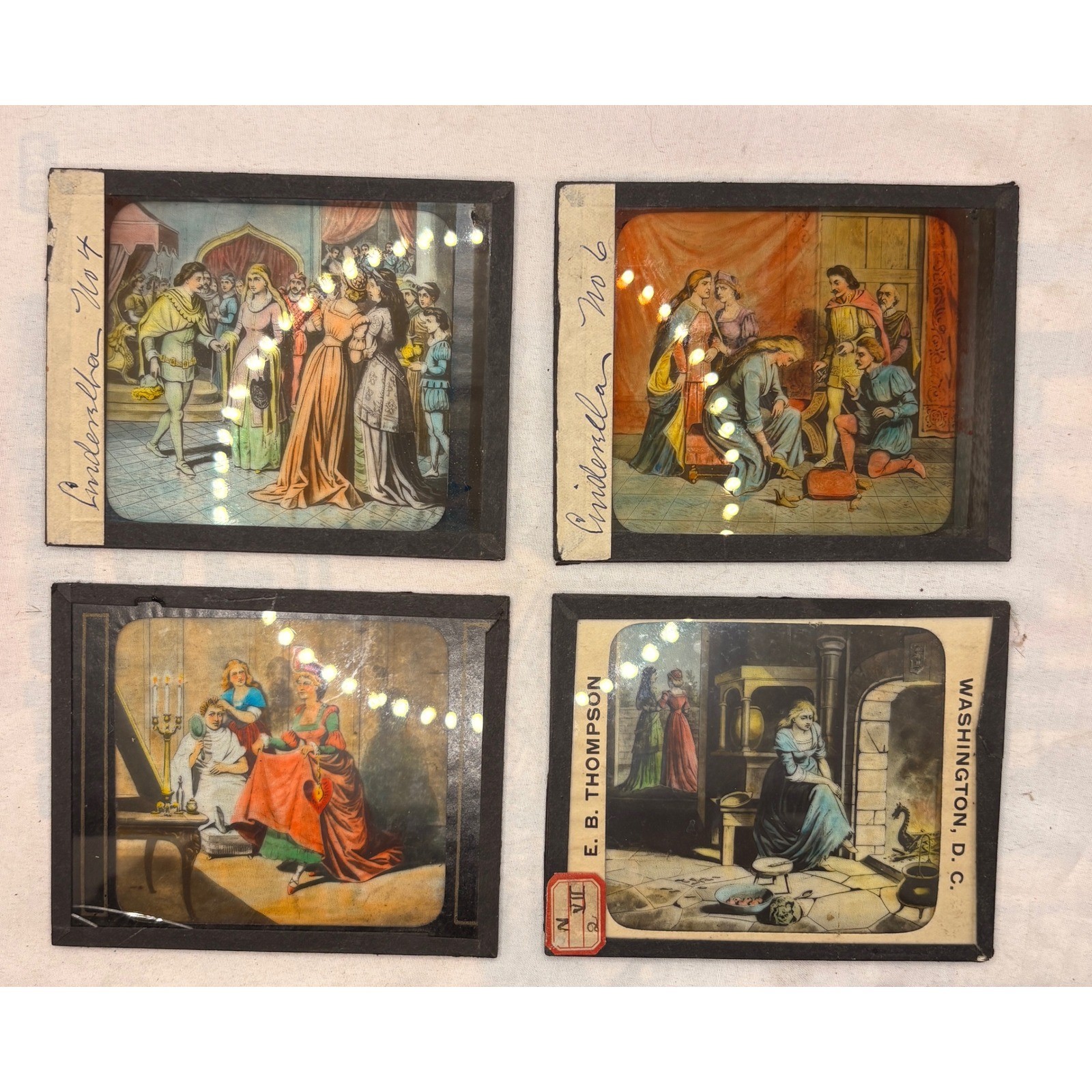 Antique E. B. Thompson Cinderella Magic Lantern Glass Slides Set of 6 D.C.