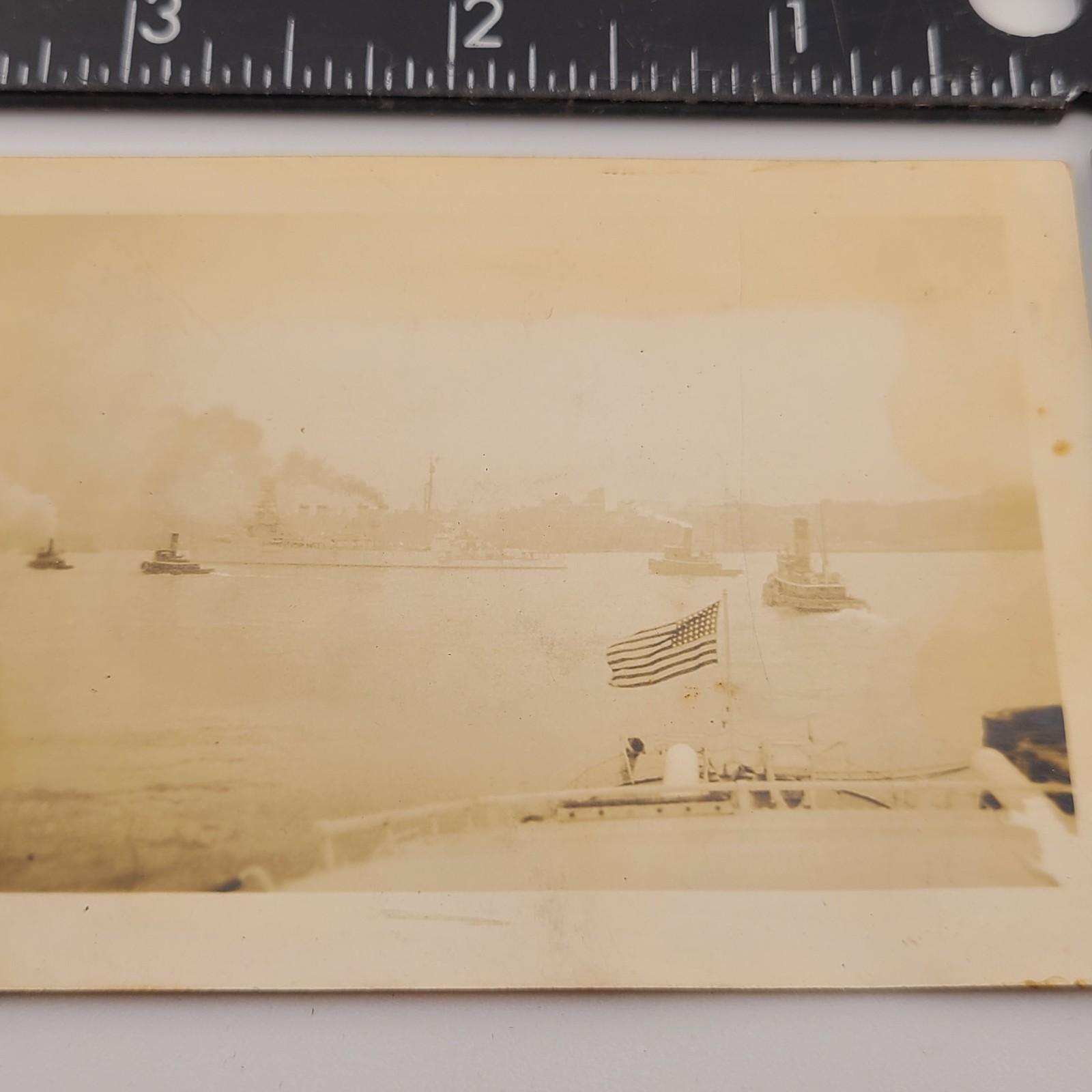 Photo View From Aboard a Ship Tugboats US Flag Vintage