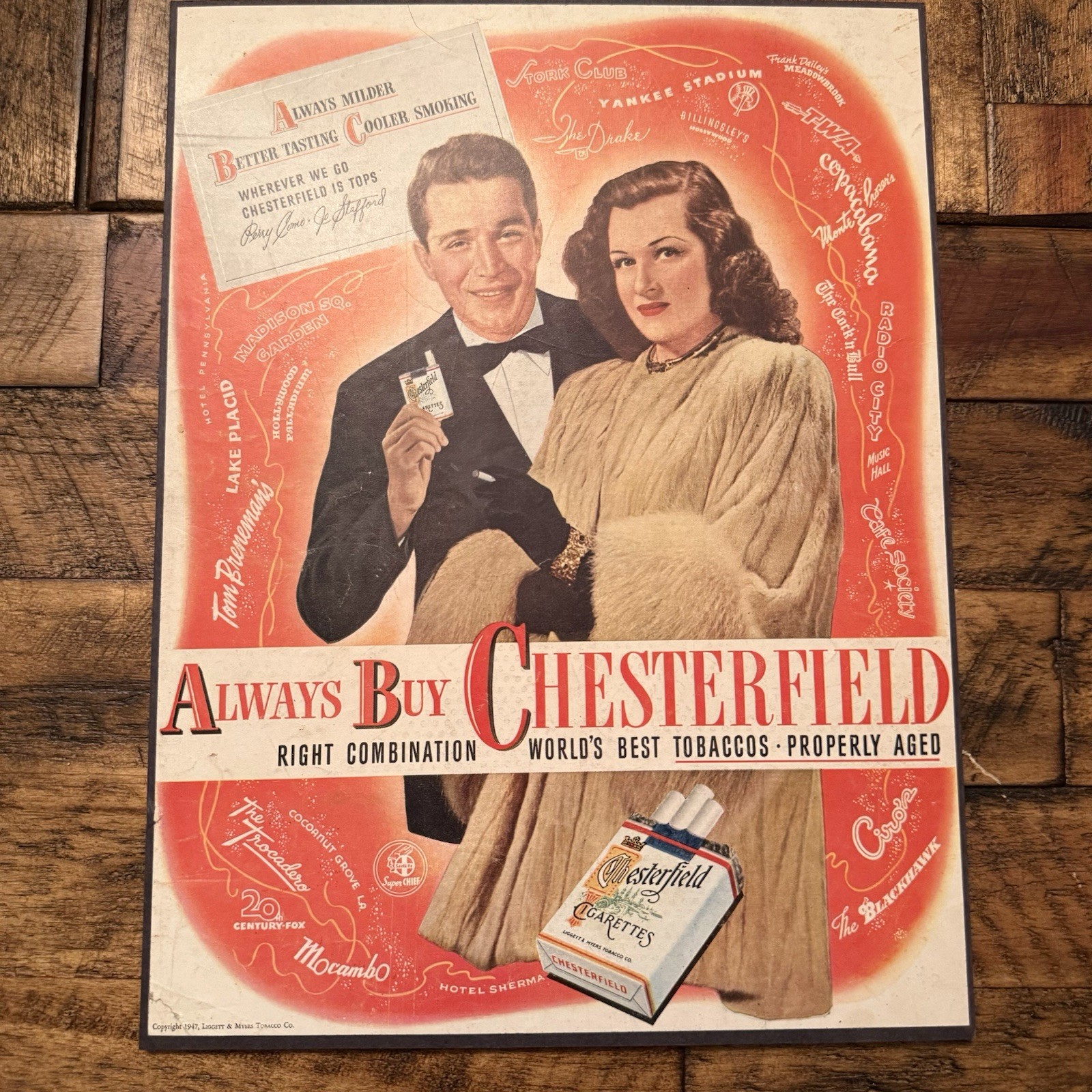 1947 Chesterfield Perry Como Jo Stafford Cardboard Advertising Sign Vintage