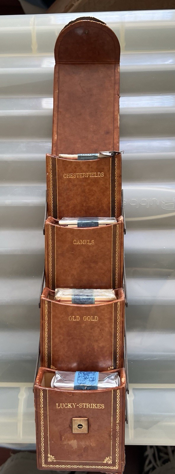 Vintage leather accordion/tiered cigarette case +Early 20th Century Sealed Packs
