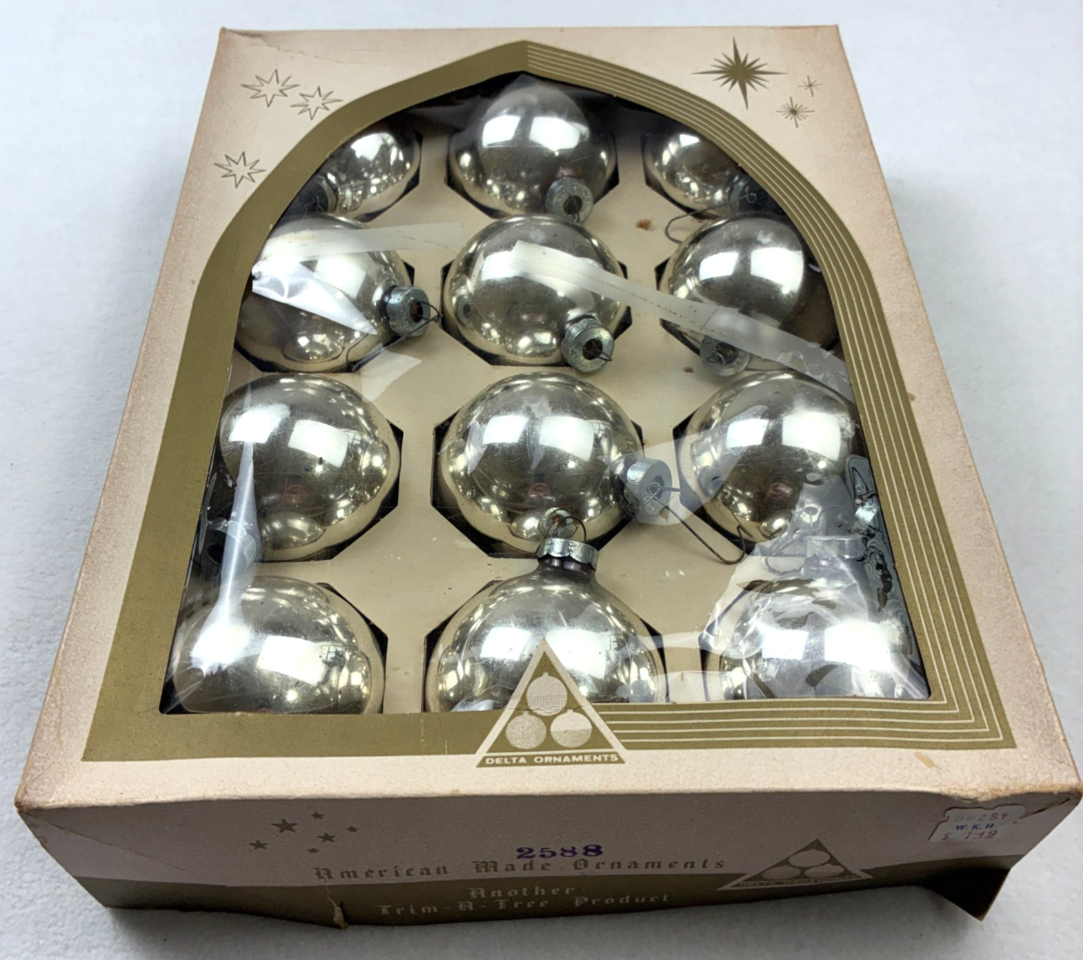 VTG Trim-A-Tree Box Of 12 Mercury Glass Christmas Ornaments 2.5’’ 60s-70s Silver