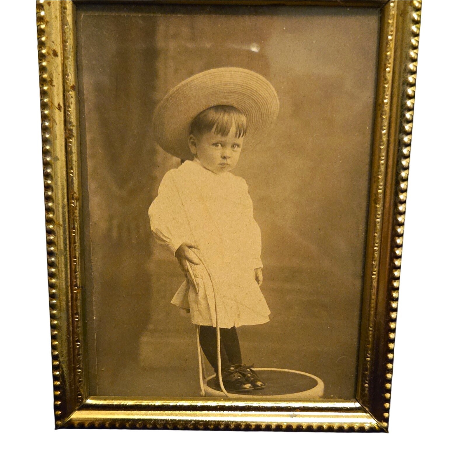 Antique 1890s Toddler Photo Gold Beaded Frame 3.5x4.5 Victorian Cabinet Card
