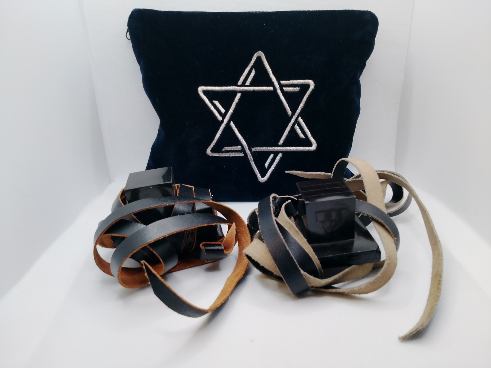 Vintage/Traditional Jewish Tefillin Set Phylacteries with Embroidered Velvet Bag
