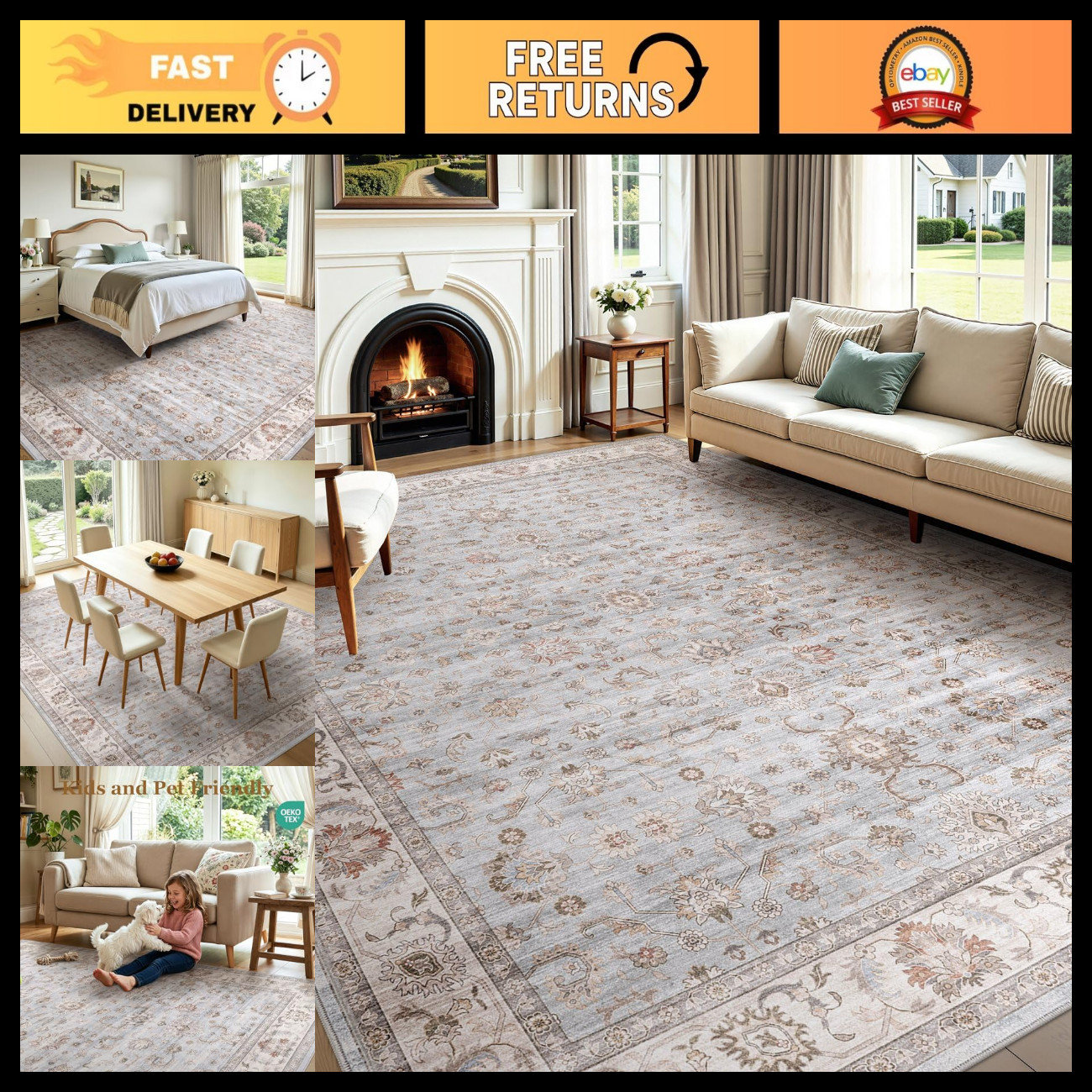 Washable Area Rug 8x10 Non-Slip Floral Carpet, Gray/Light Blue