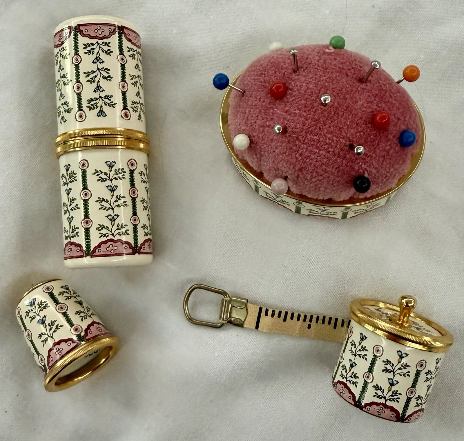 Vintage Halcyon Days Enamels 4 Pc Sewing Set Mint In Boxes Pin Cushion Thimble
