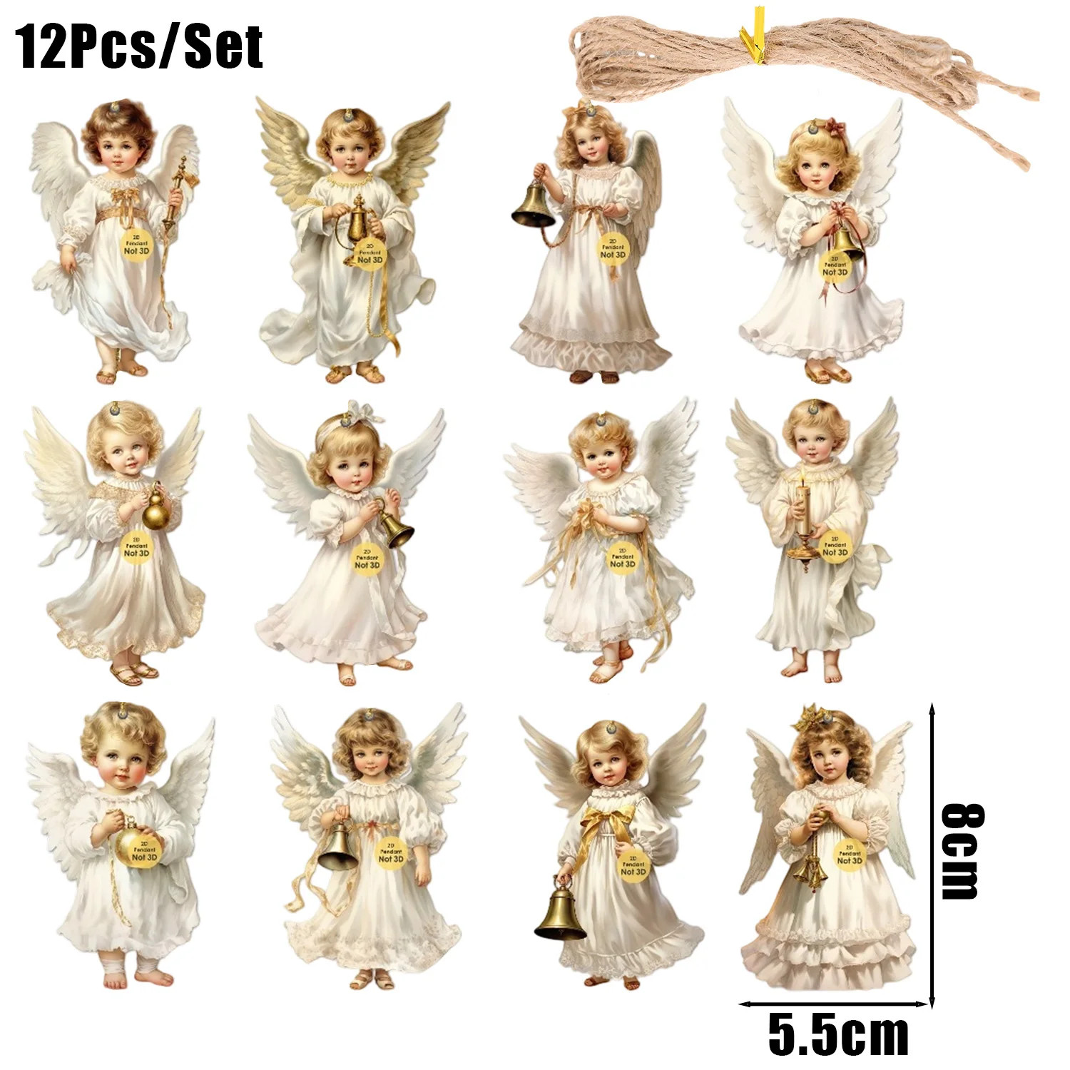 12Pcs Wooden Victorian Angel Christmas Tree Hanging Ornaments Decor