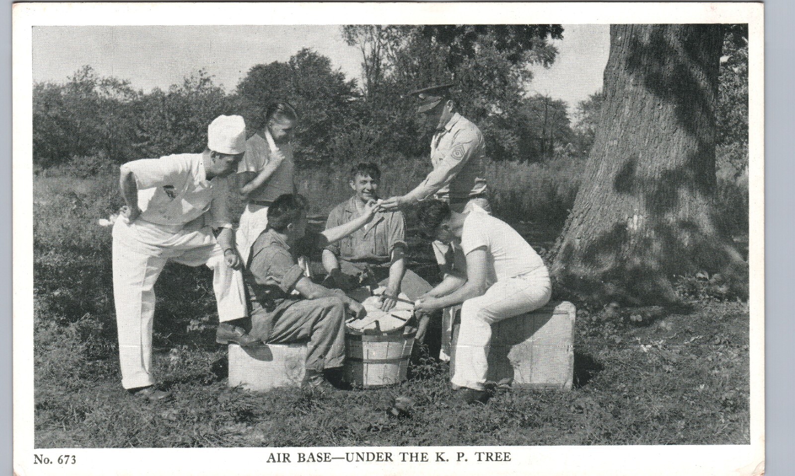 WW2 AIR BASE, UNDER THE K.P. TREE c1940 original antique postcard war fun humor