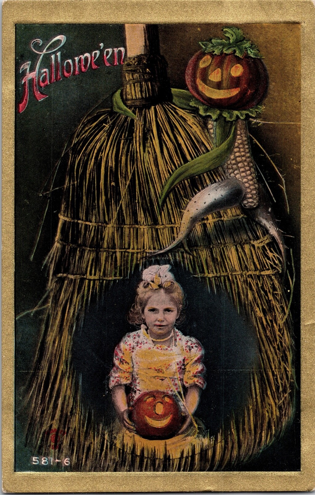 Vintage RPPC Hand Tinted Girl, Pumpkin Man, JOL, Broom Halloween Postcard RARE