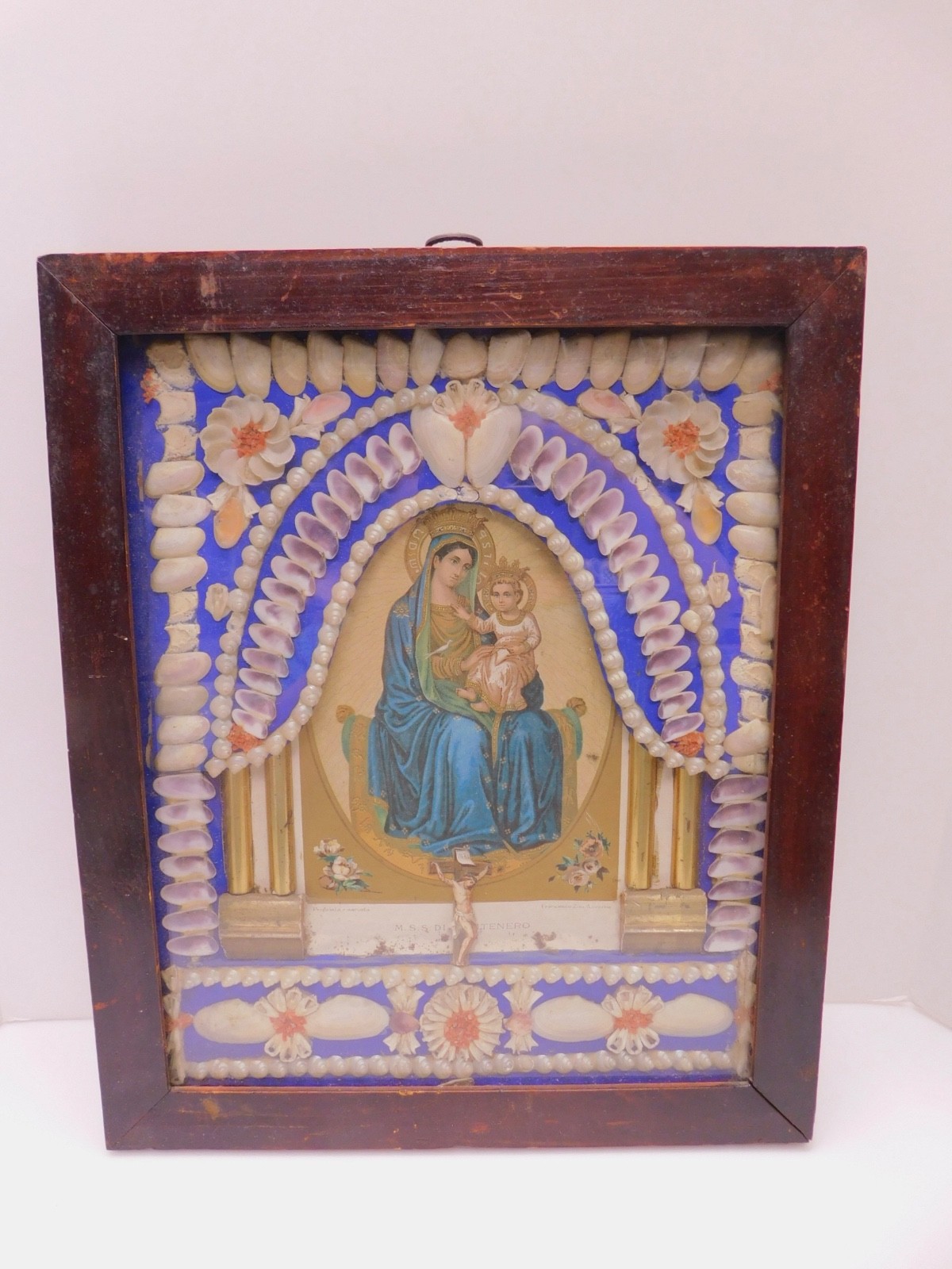 Antique Madonna & Child Shell Coral Shadow Box Painting Reliquary Teca Santo