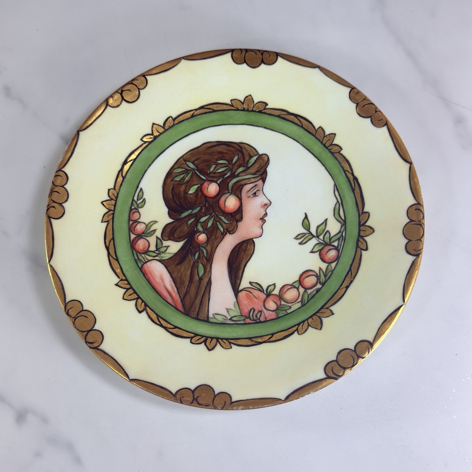 Antiq JPL Limoges Hand Painted Art Nouveau Cabinet Plate Woman Portrait Peaches