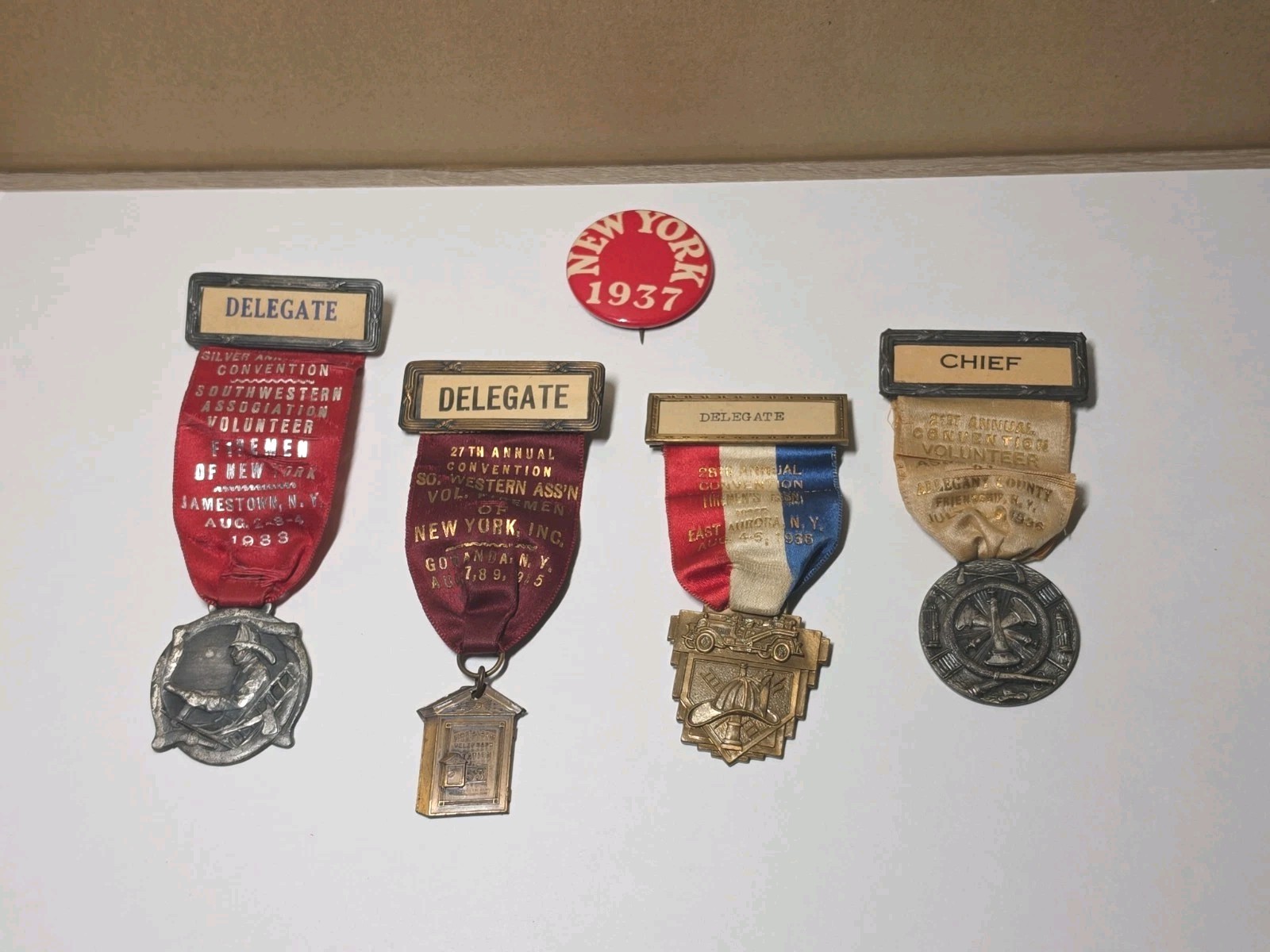 Collection of Vintage Firemen Convention Delegate Badges (c. 1933-1936) New York