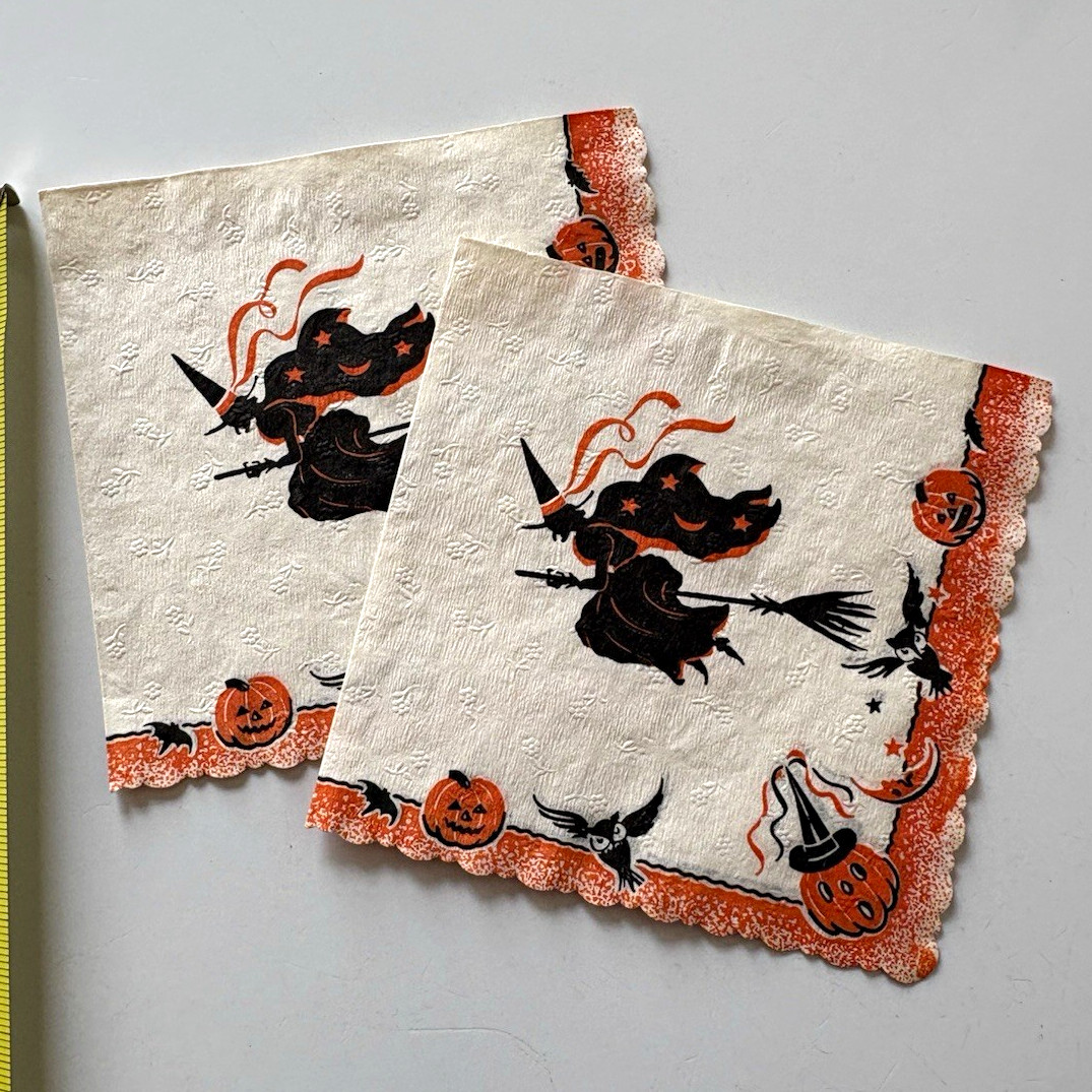 2 Vtg Halloween crepe Napkins 1950s? Never used  orange black witch pumpkin bats