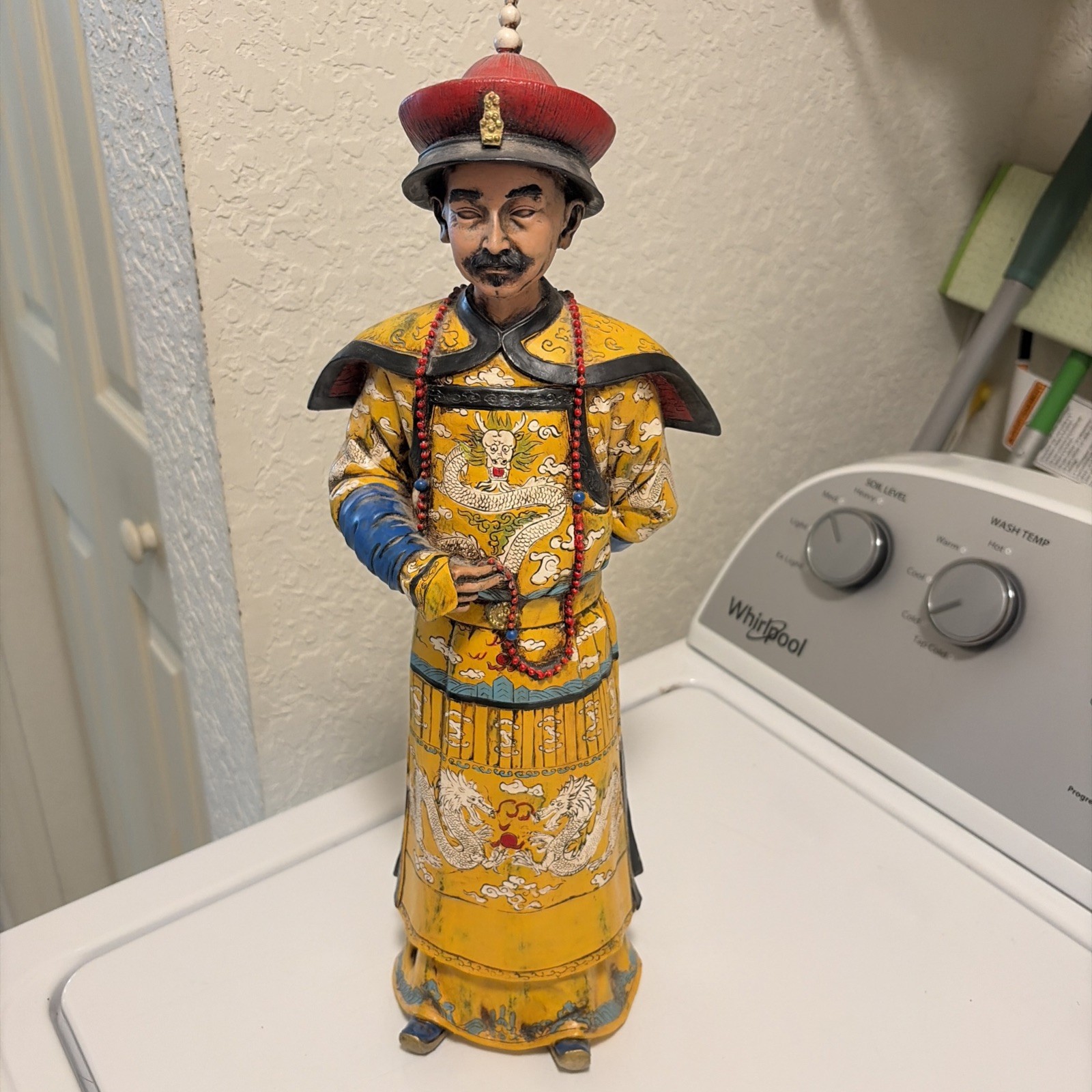 Vintage Chinese Resin Qing Dynasty Emperor wearing traditional yellow robe 17”