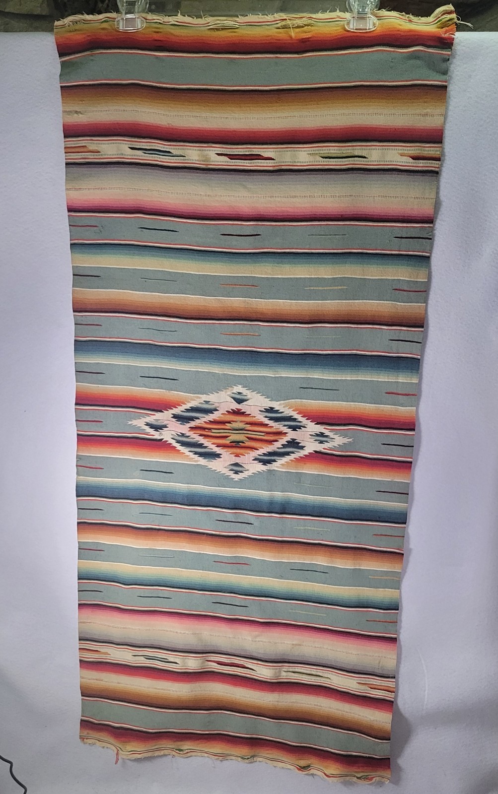 Antique 1930-50 Mexican Saltillo Table Runner Tapestry Wool weave Diamond Motif