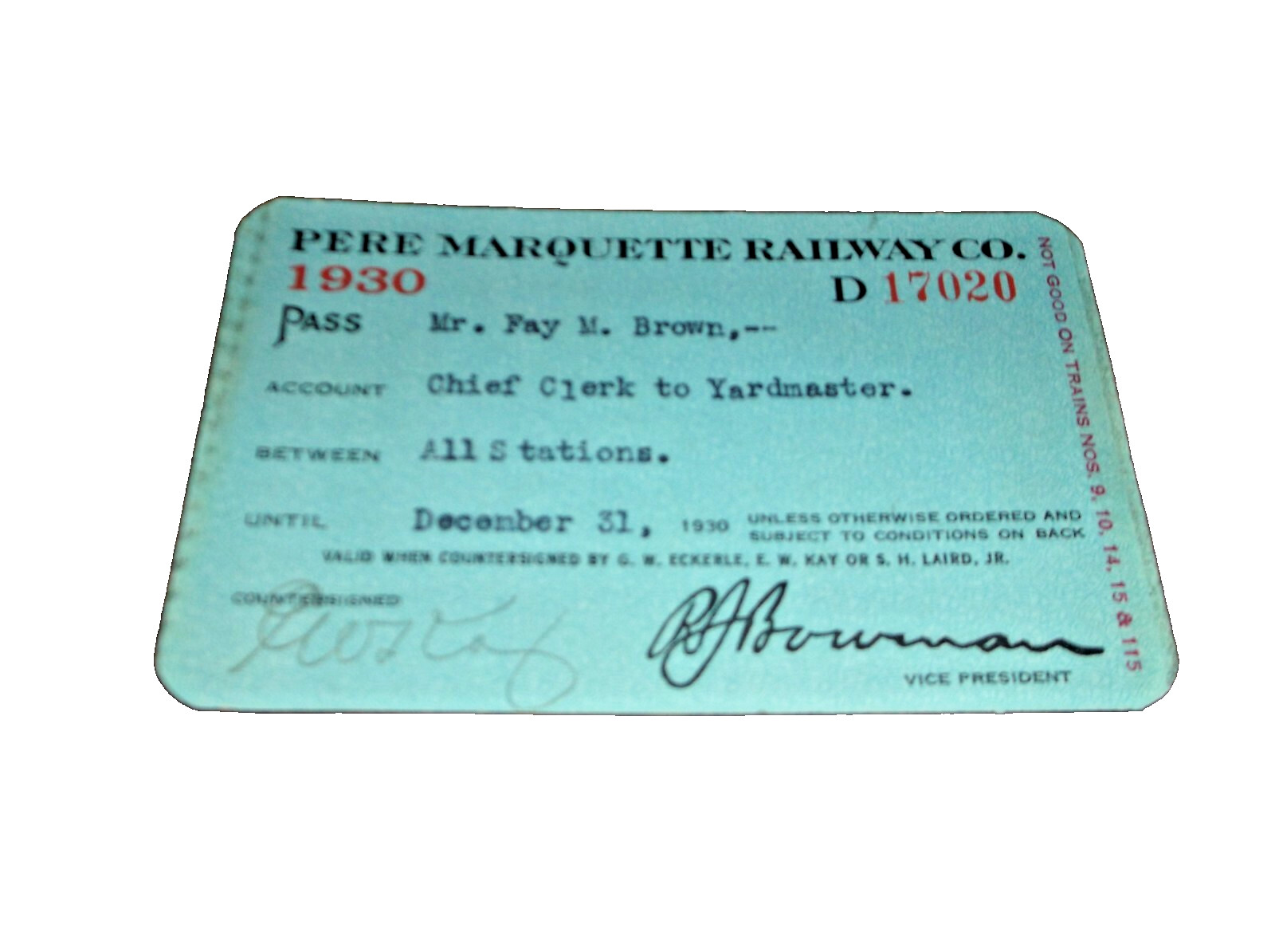 1930 PERE MARQUETTE RAILWAY EMPLOYEE PASS # 17020