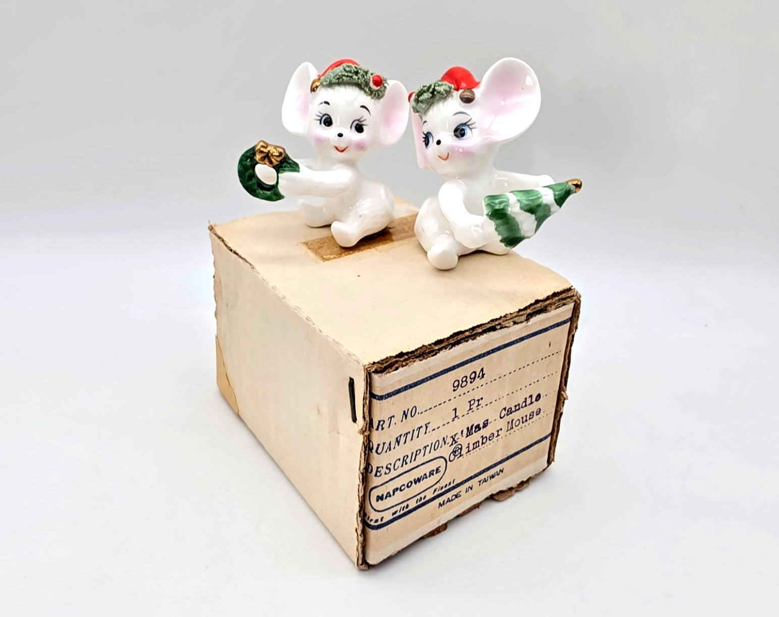 2 VINTAGE CHRISTMAS NAPCO MICE CANDLE CLIMBERS/HUGGERS #9894 W/ORIGINAL BOX EXC.