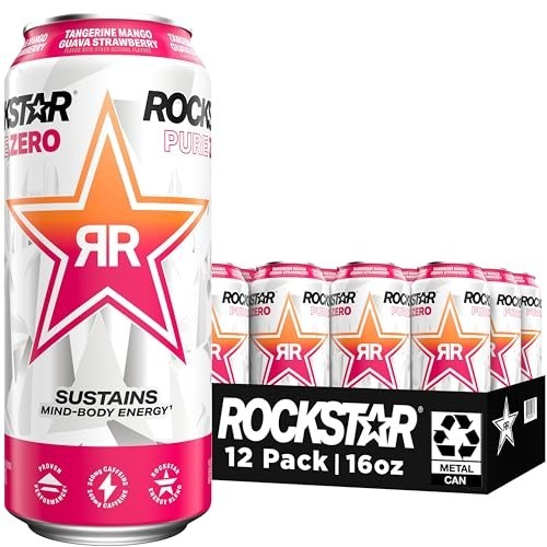 Rockstar Pure Zero Energy Drink, Tangerine Mango Guava Strawberryh, 0 Sugar, wit