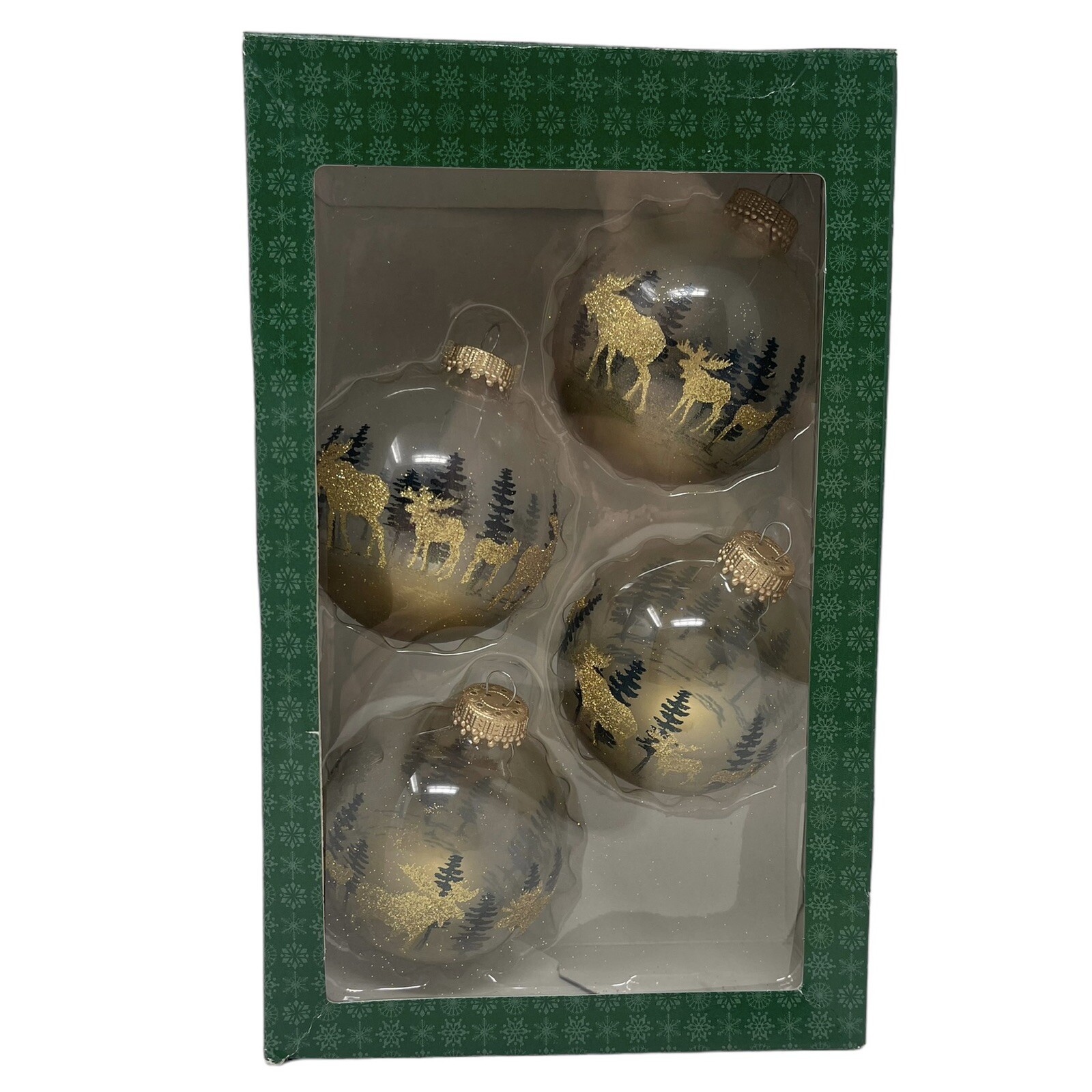 Vintage Holiday Time 4 Glass Ornaments Moose & Trees Christmas USA Green Gold
