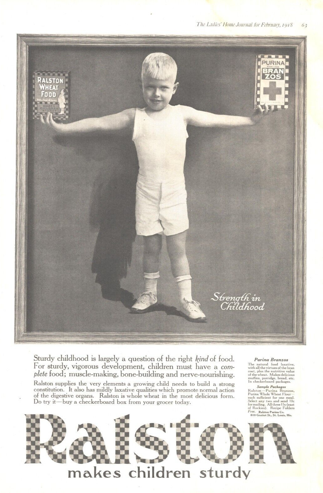 1918 Ralston Bran Antique Ad WW1 Era Makes Children Sturdy Adorable Boy