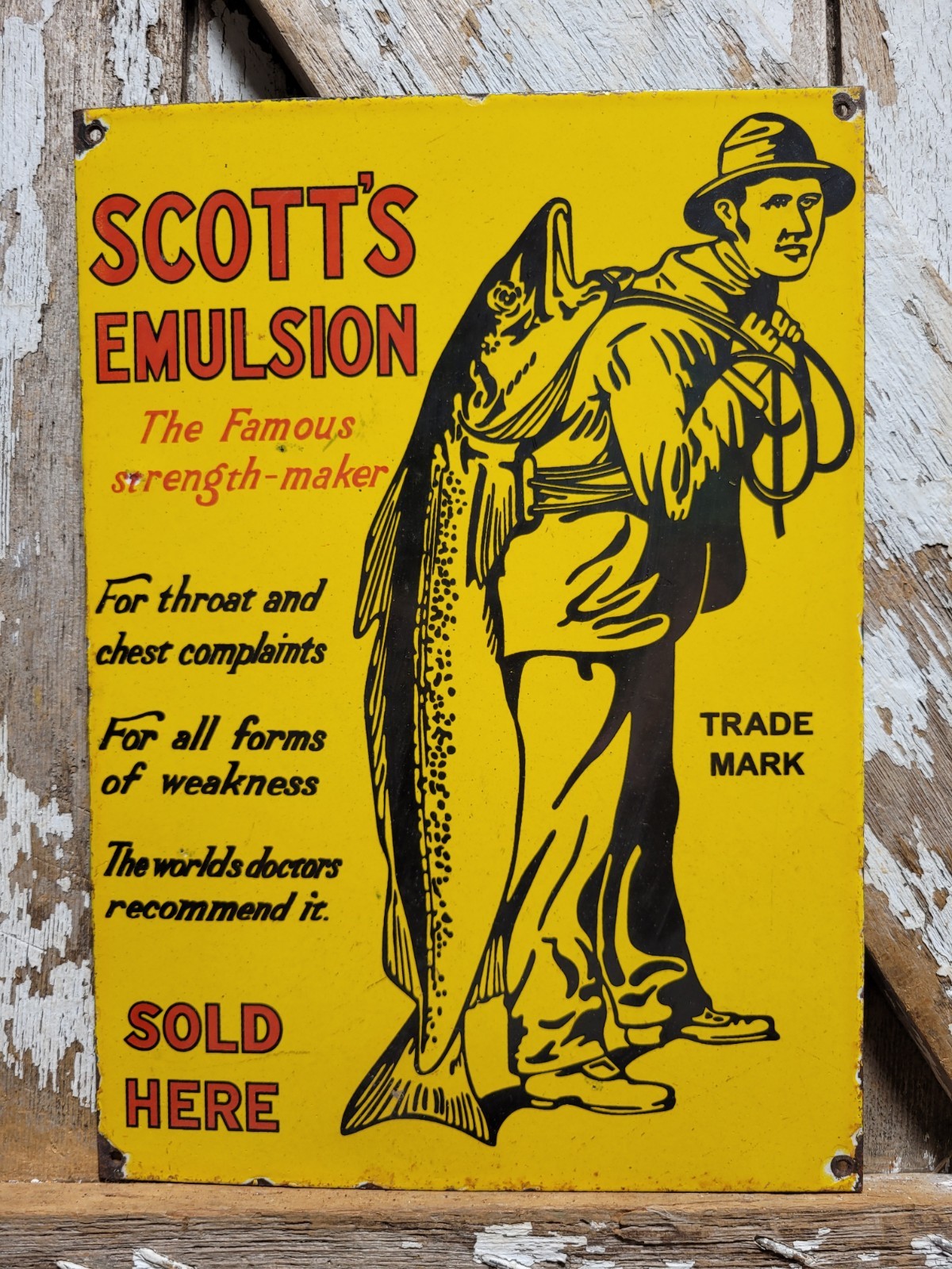 VINTAGE SCOTTS EMULSION PORCELAIN SIGN OLD HEATLH COUGH MEDICINE FISHING FISH