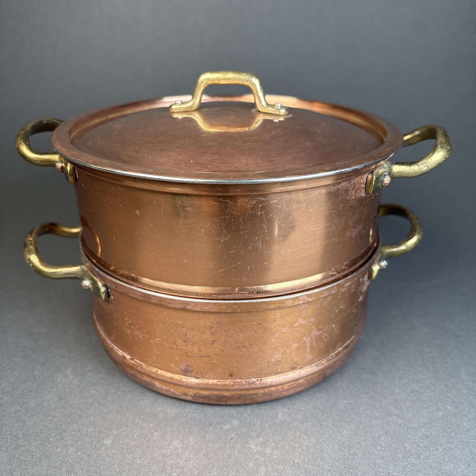 VTG French Style Copper Steamer Pot & Basket 7-Inch Small Heavy Duty Unmarked