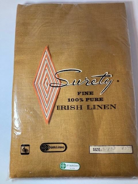 Vintage Surety 100% Pure Irish Linen Tablecloth 57x52 Gold Color New in Package