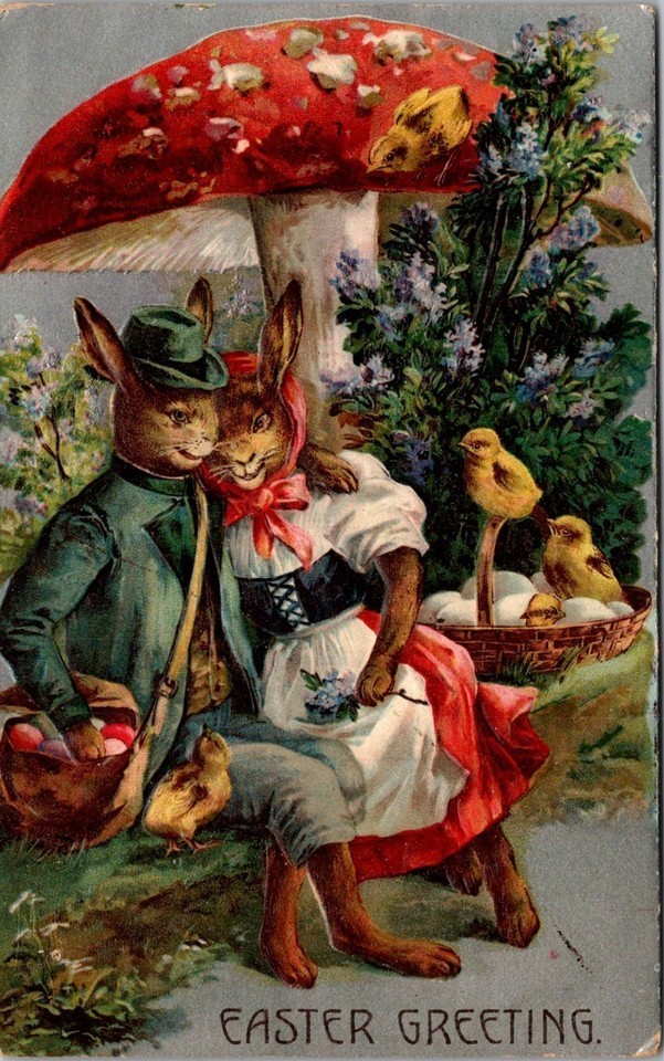 Rare~Dressed Romantic Bunny Rabbits~Chicks & Mushroom 1910~Easter Postcard~s702