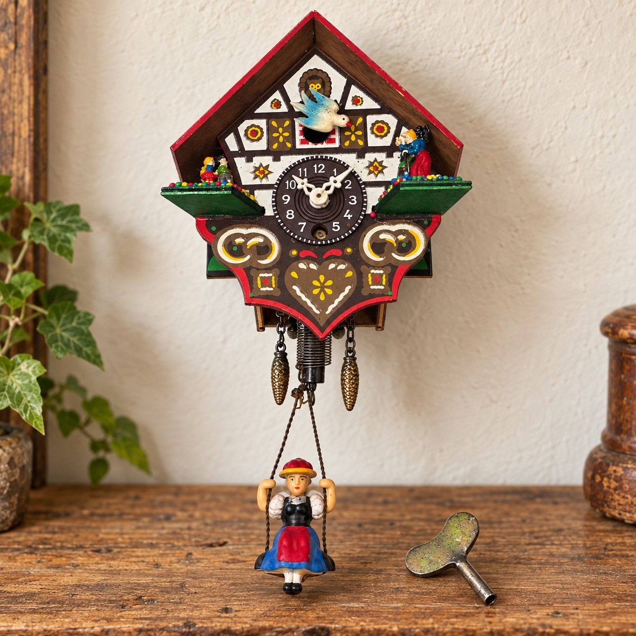 Miniature German Key-Wound novelty cuckoo clock of Swiss Hansel Gretel With  Key