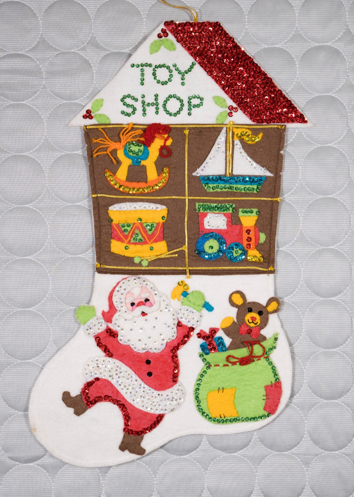 Vtg 70s COMPLETED Bucilla Santa\'s Toyshop Toy Shop Jeweled Christmas Stocking