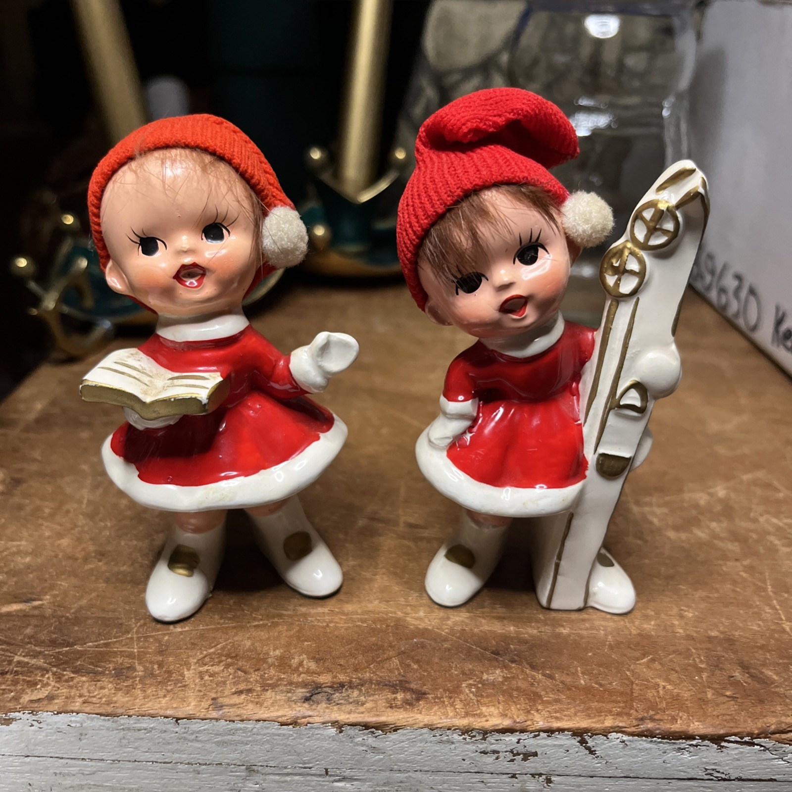 *RARE* VTG Napco Christmas Girl Elf Hair Fabric Cap Skates & Song Figurine Set