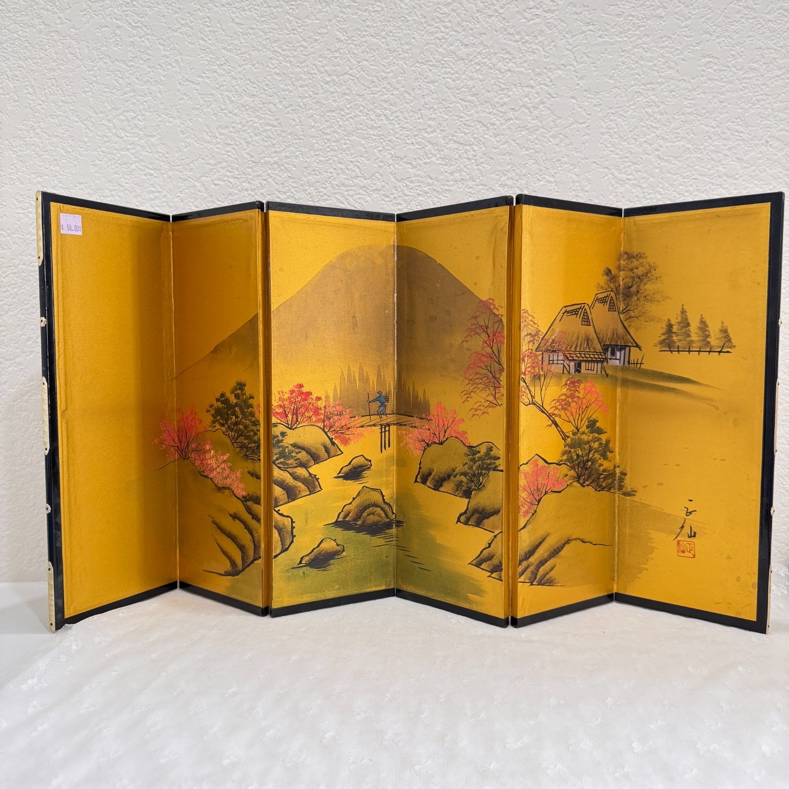 Vtg Japanese 6 Panel Byobu Gold Folding Screen Landscape Signed Japan 30X15