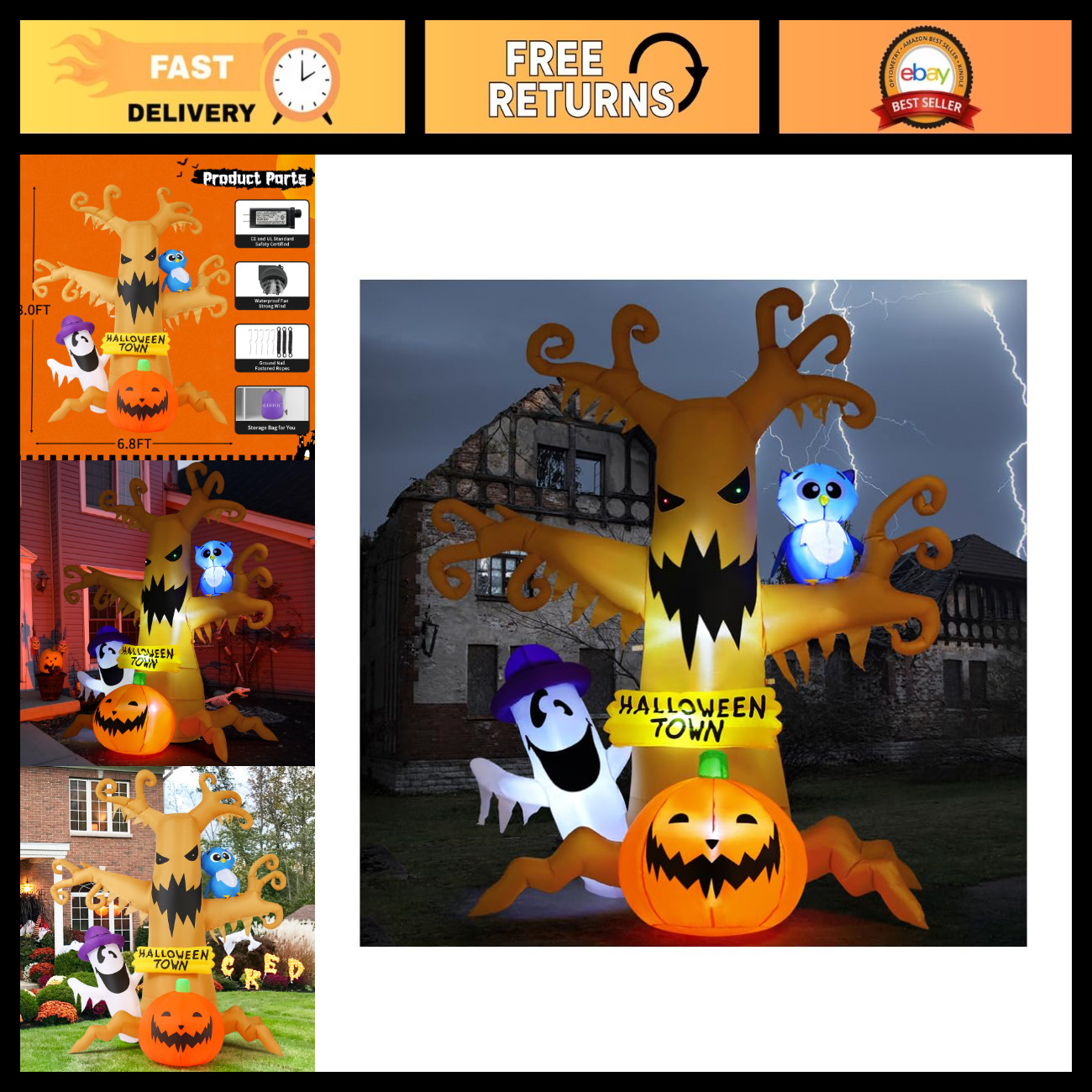 8 FT Halloween Inflatable Dead Tree with Owl, Ghosts & Pumpkins - LED Yard Decor