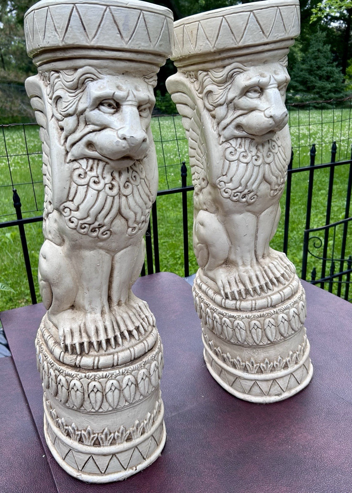 VTG Winged Griffin Lion Pedestal Table Stand Pair Neoclassical White Statue 28”