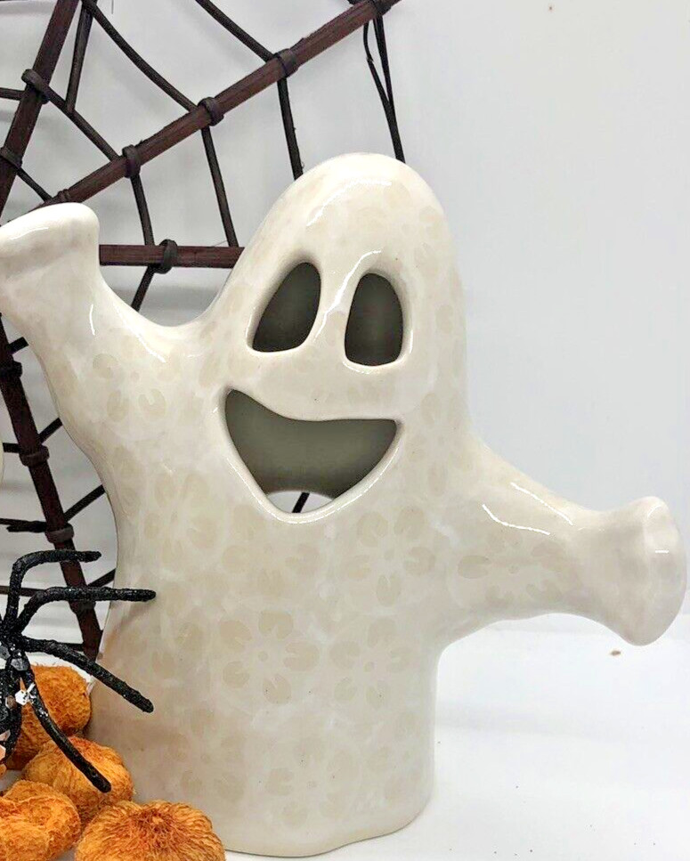 Polish Pottery Scary Friendly Ghost Lantern Figurine White Lace Halloween