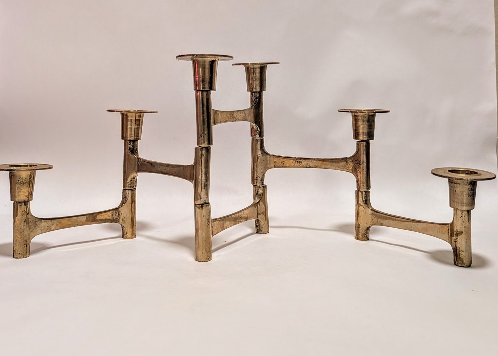 Vintage Danish Mid Century Modern Articulated Brass 6 Candle Stick Holder