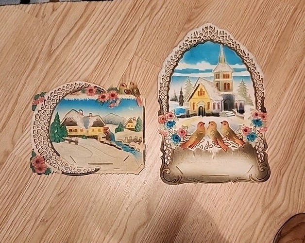 Vintage West Germany Die Cut Out Embossed Paper Winter Church House Bird Trees