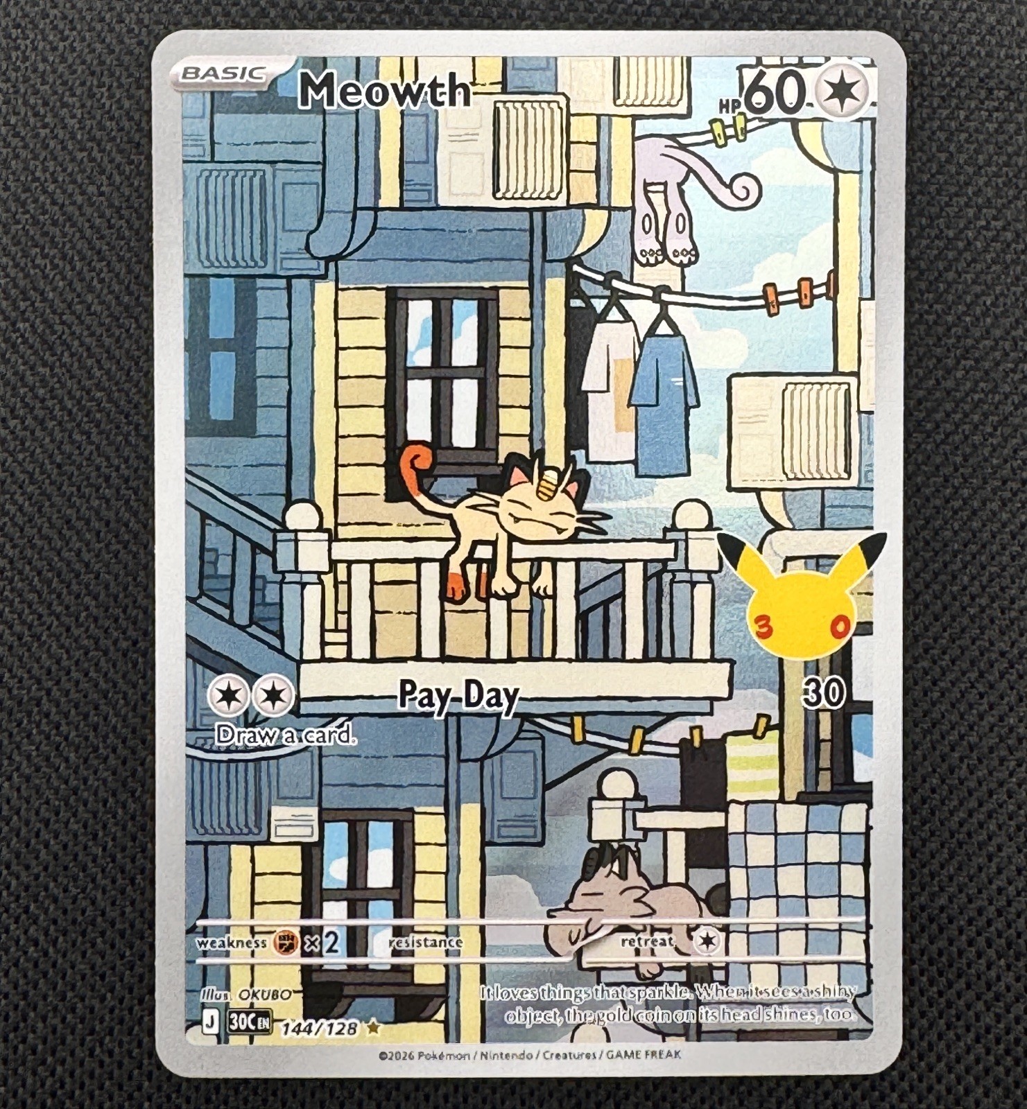 Pokemon Meowth 144/128 30th Celebration Illustration Rare Full Art Holo English