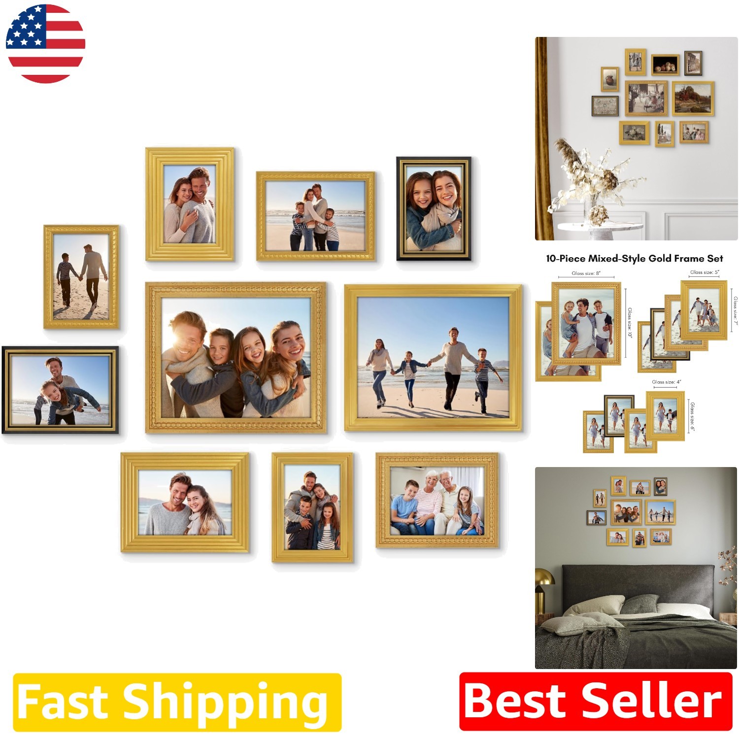 Antique Gold Picture Frame Set - 10pc Gallery Wall, Easel Back, Clear Glass