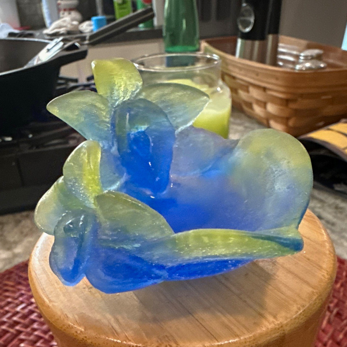 Daum France Petite Blue & Green Art Glass Flower Shaped Floral Decorative Dish 