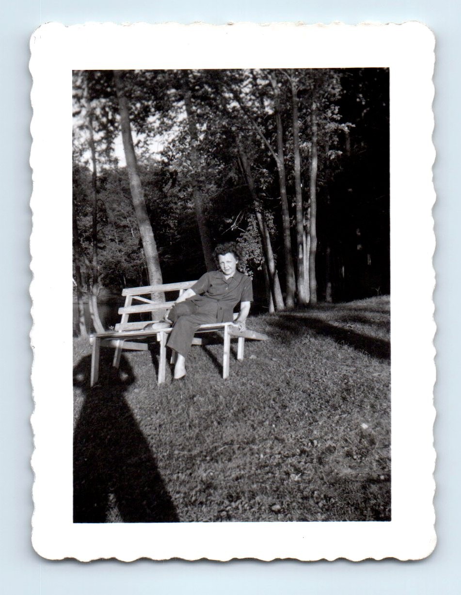 Old Vintage Photo SOLO WOMAN PARK BENCH LONG SHADOW ANTIQUE PHOTOGRAPH