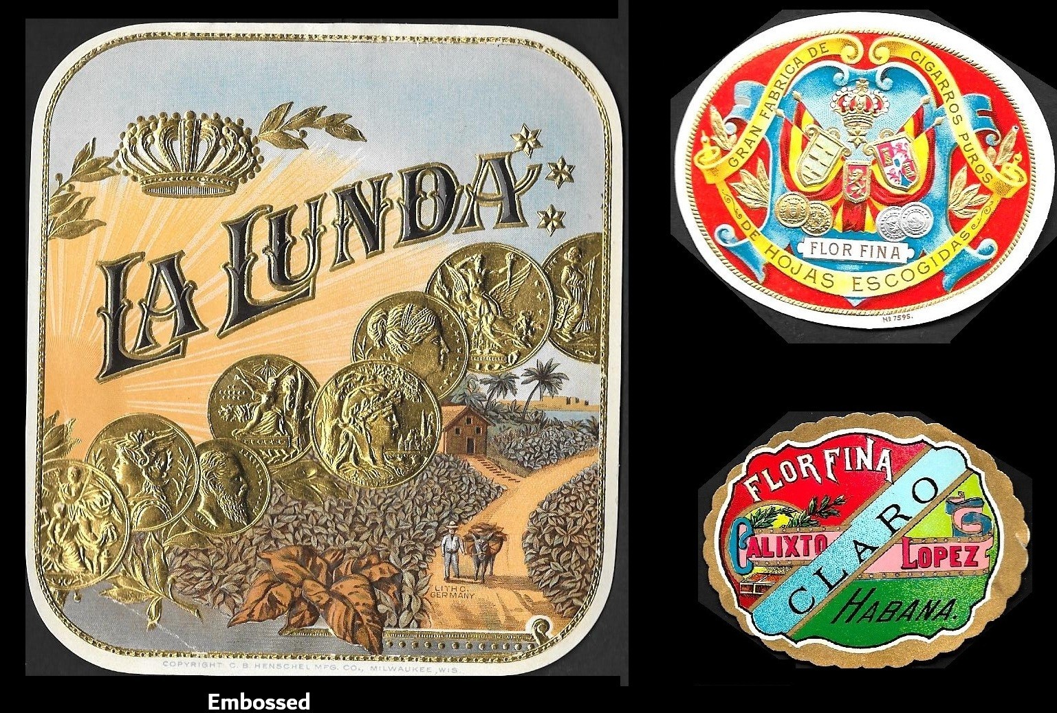 VINTAGE SET OF 3 CIGAR LABELS. TOBACCIANA COLLECTIBLES