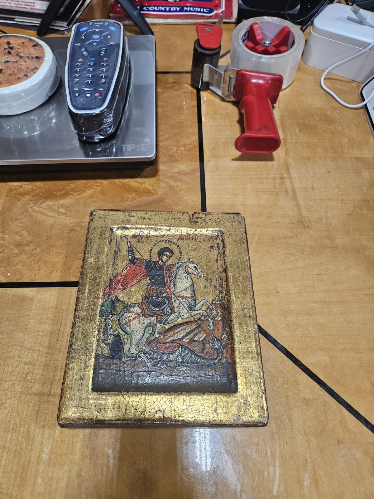 Vintage Hand Painted Wood Religious Orthodox St. George Wall Plaque Signed & Num